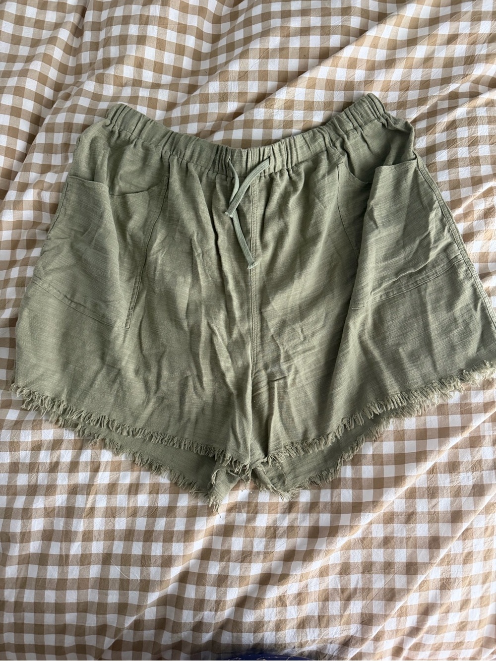 Women's Olive Drawstring Frayed Hem Athletic Shorts